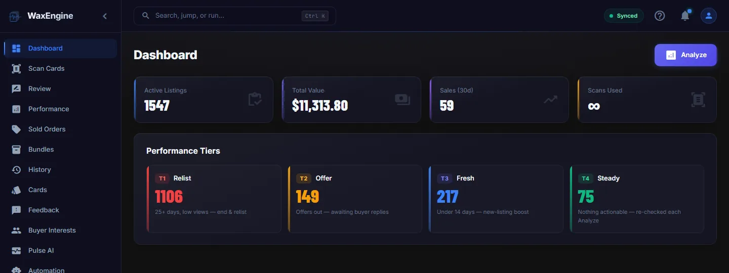 WaxEngine dashboard showing the four performance tiers at a glance